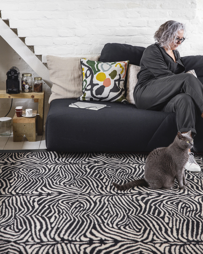New Year projects, Kate with her rug Zebo, Make Me A Rug, Alternative Flooring (with Enid the cat)