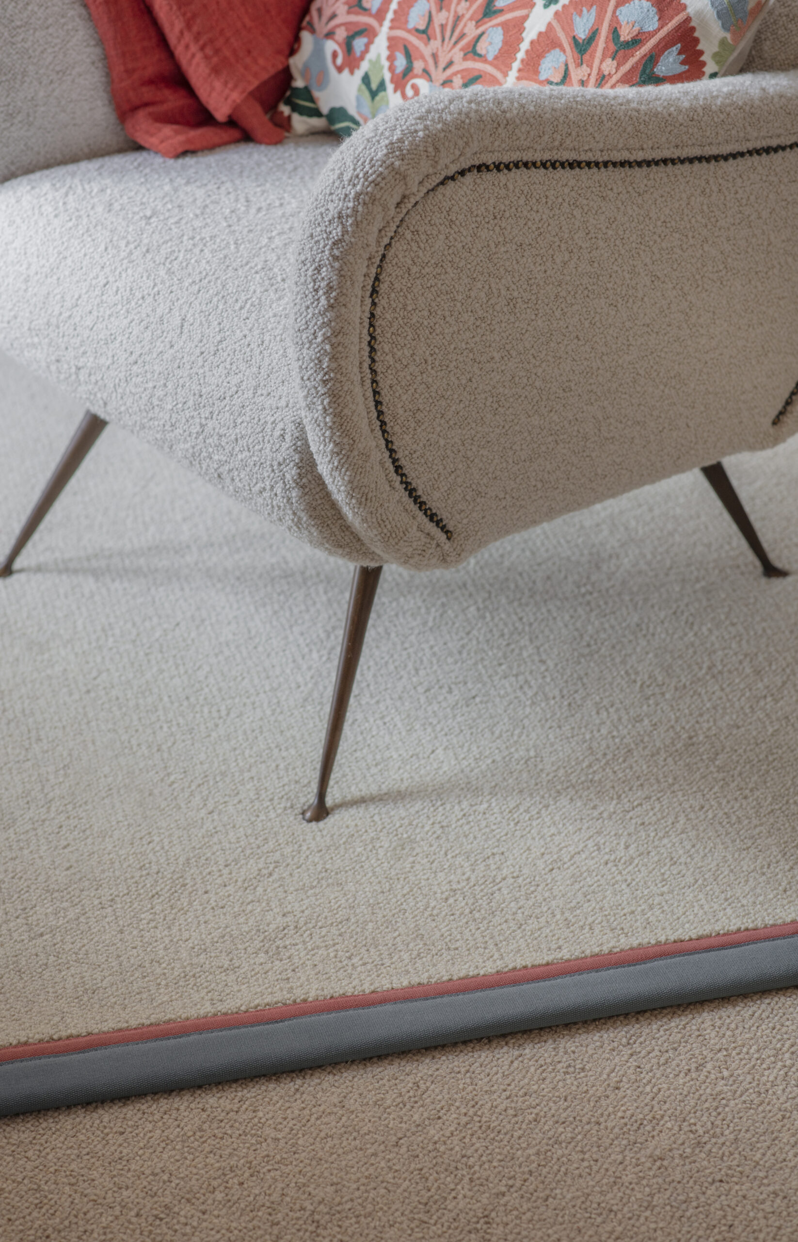 Wool Riverflow Hamble Carpet, Wool Riverflow Foyle Bespoke Rug with a double border Cotton Cadet (outer) and Cotton Coral (inner)