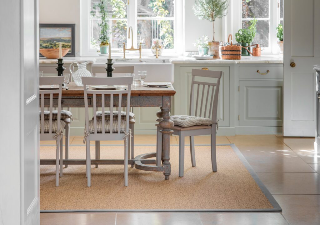 Anywhere Ca-rPET Diamond Re-discover bespoke rug with a Cotton Frosted Pine border