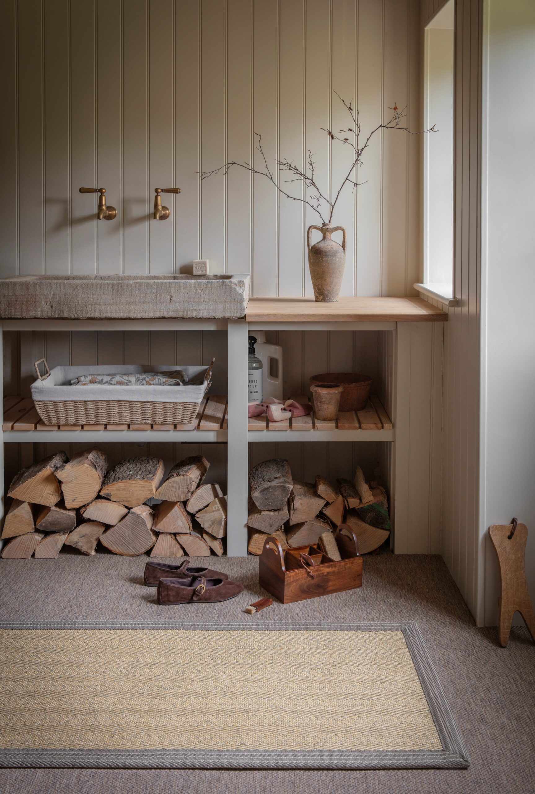 Anywhere Ca-rPET Herringbone Re-flect runner with a Herringbone Grey border, Anywhere Panama Syrup carpet