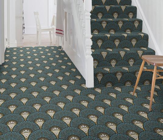 Quirky Divine Savages Deco Teal Carpet 7151 on Stairs