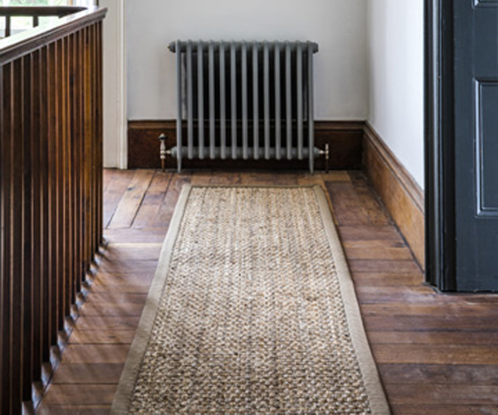 Jute Panama Pancake Bespoke Runner with a Cotton Herringbone Mouse Border