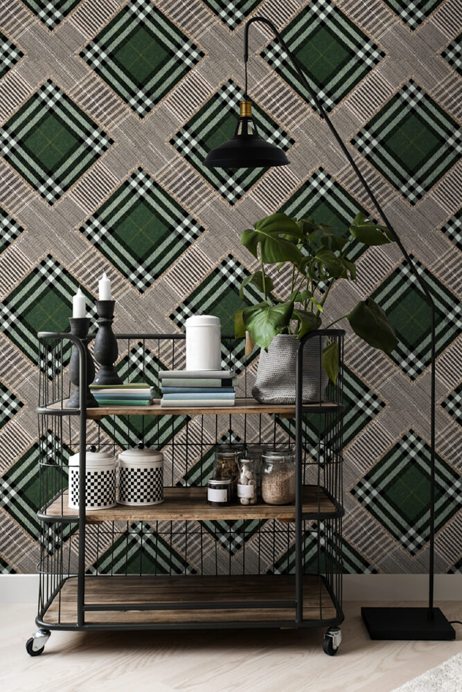 Alternative Flooring, Inspiration, Summer Autumn 2023, Checked Patchwork British Green Wallpaper, Mind The Gap