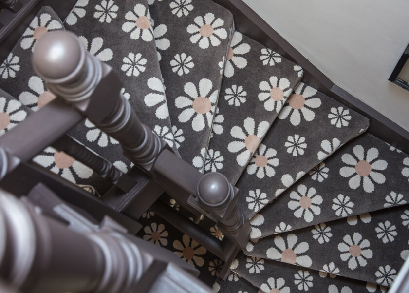 Alternative Flooring, Trend Watch, Autumn 2023, Quirky Bloom Tiramisu floral patterned stair carpet, Kate Watson Smyth