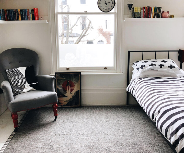 Alternative Flooring at Home with Kate Watson-Smyth and her bespoke wool rug in her teen son's bedroom