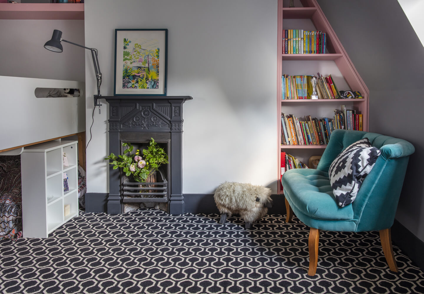 Alternative at Home with The Pink House, Emily Murray, Quirky B Honeycomb patterned bedroom carpet